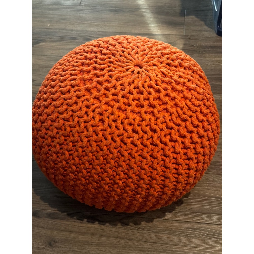 Orange Chunky Knit Pouf Ottoman Round Cotton Floor Cushion Boho Decor